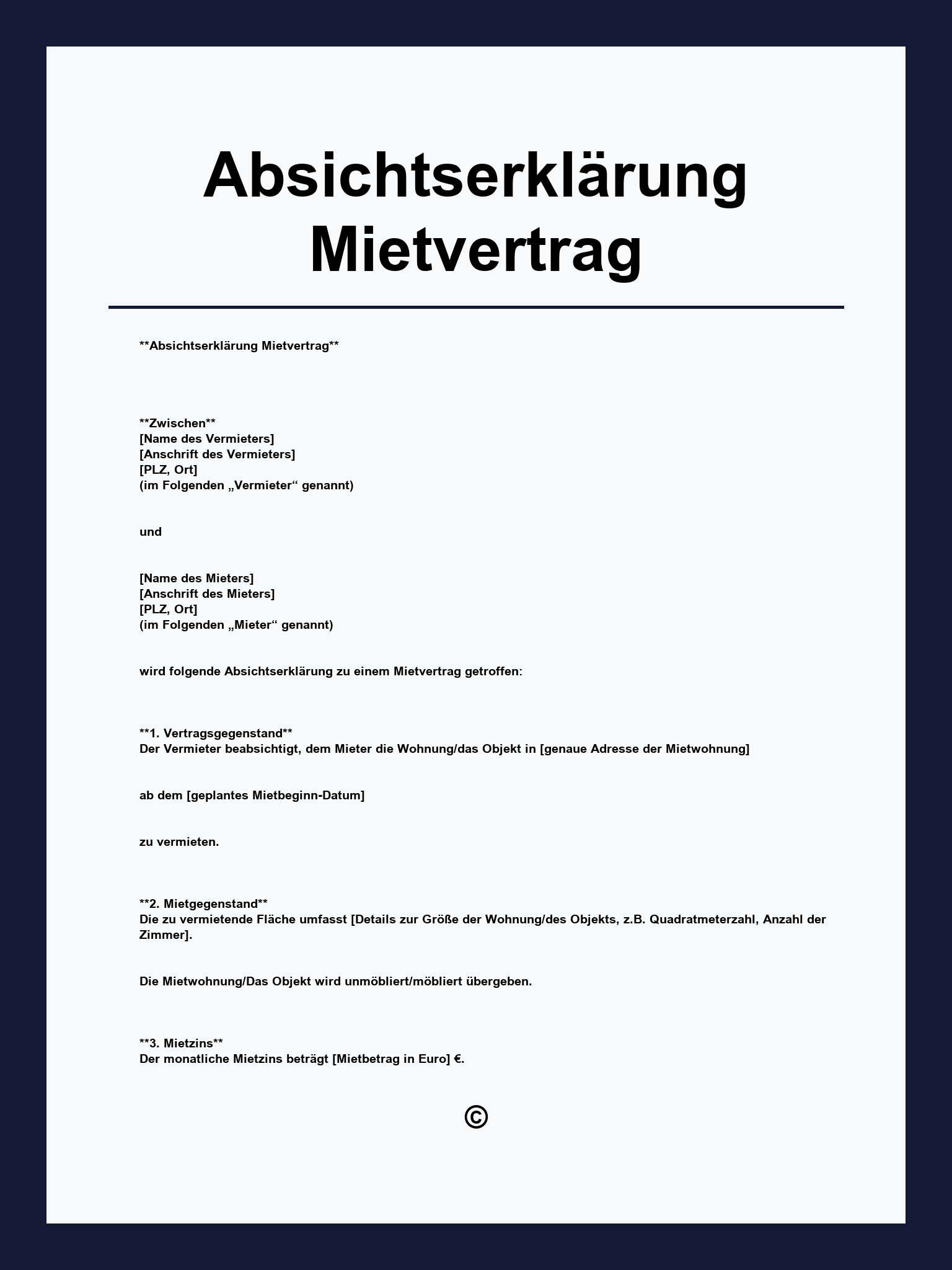 Absichtserklärung Mietvertrag