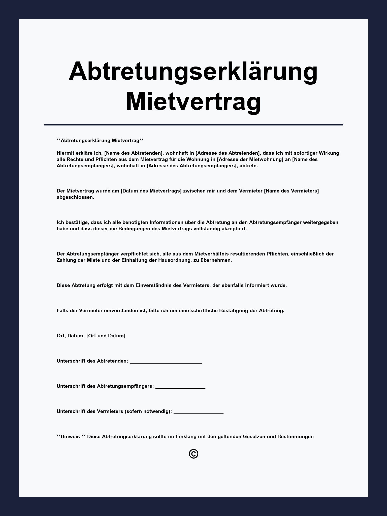 Abtretungserklärung Mietvertrag