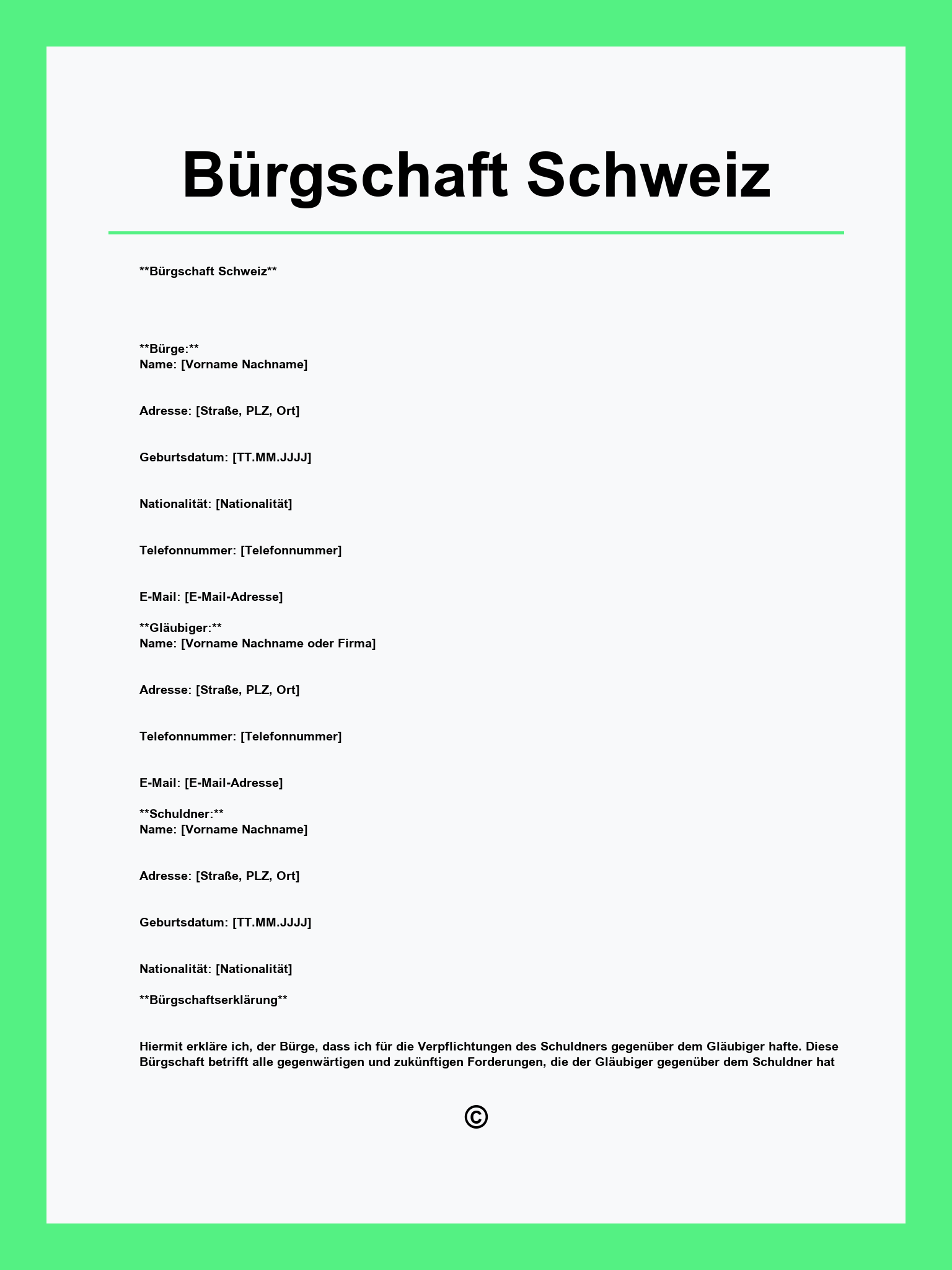 Bürgschaft Schweiz Vorlage