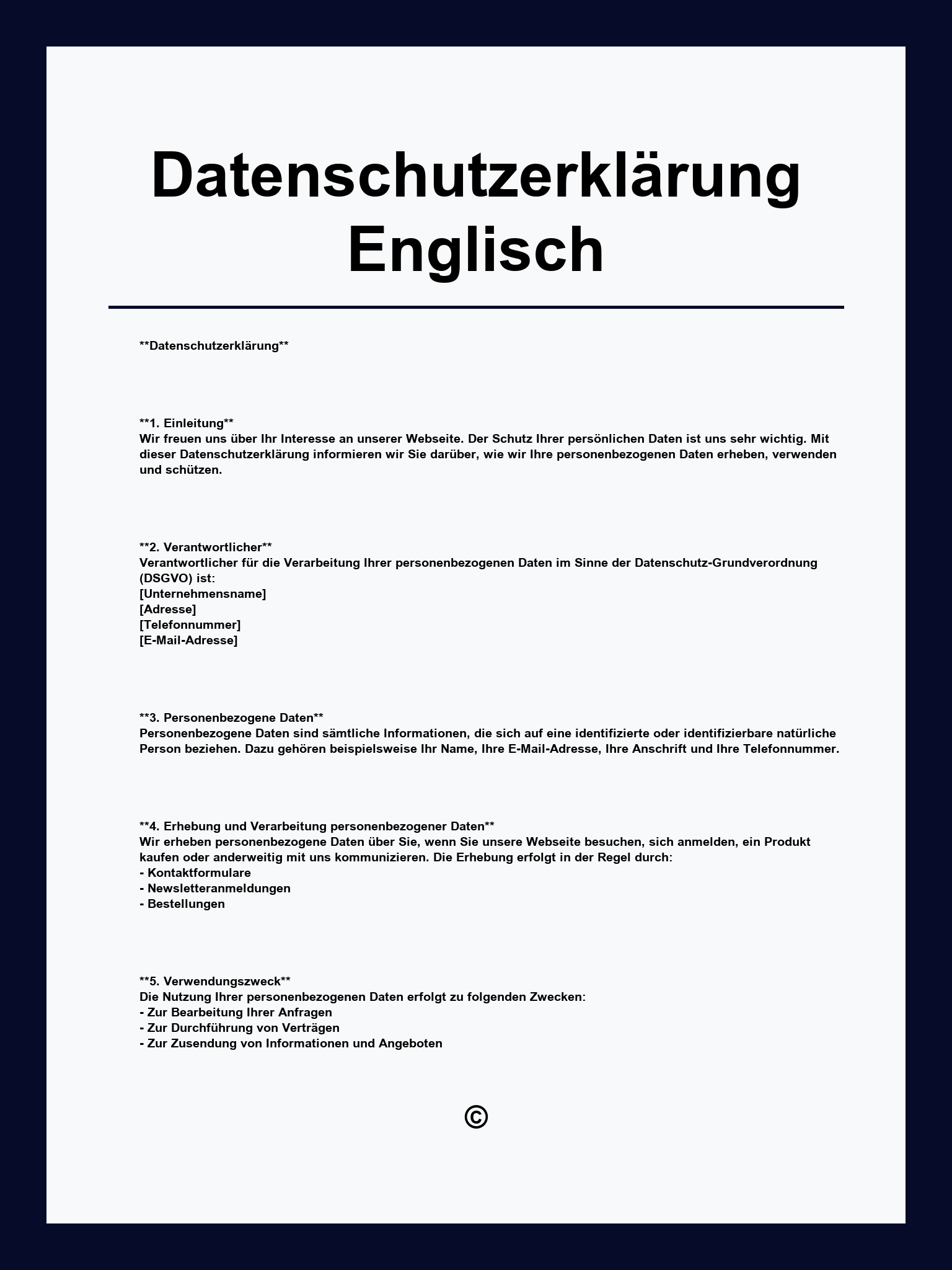 Datenschutzerklärung Englisch Vorlage