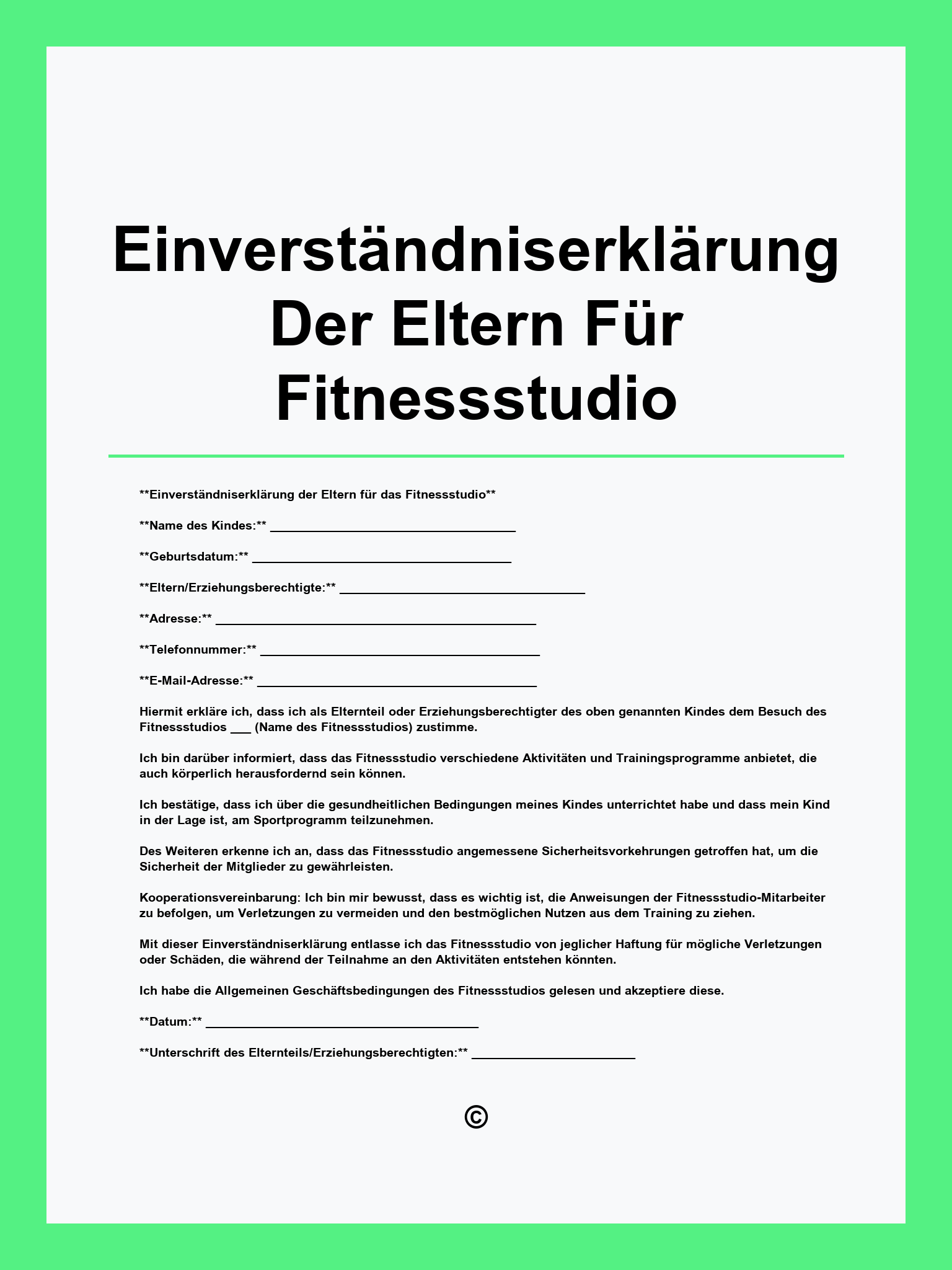 Einverständniserklärung Der Eltern Für Fitnessstudio