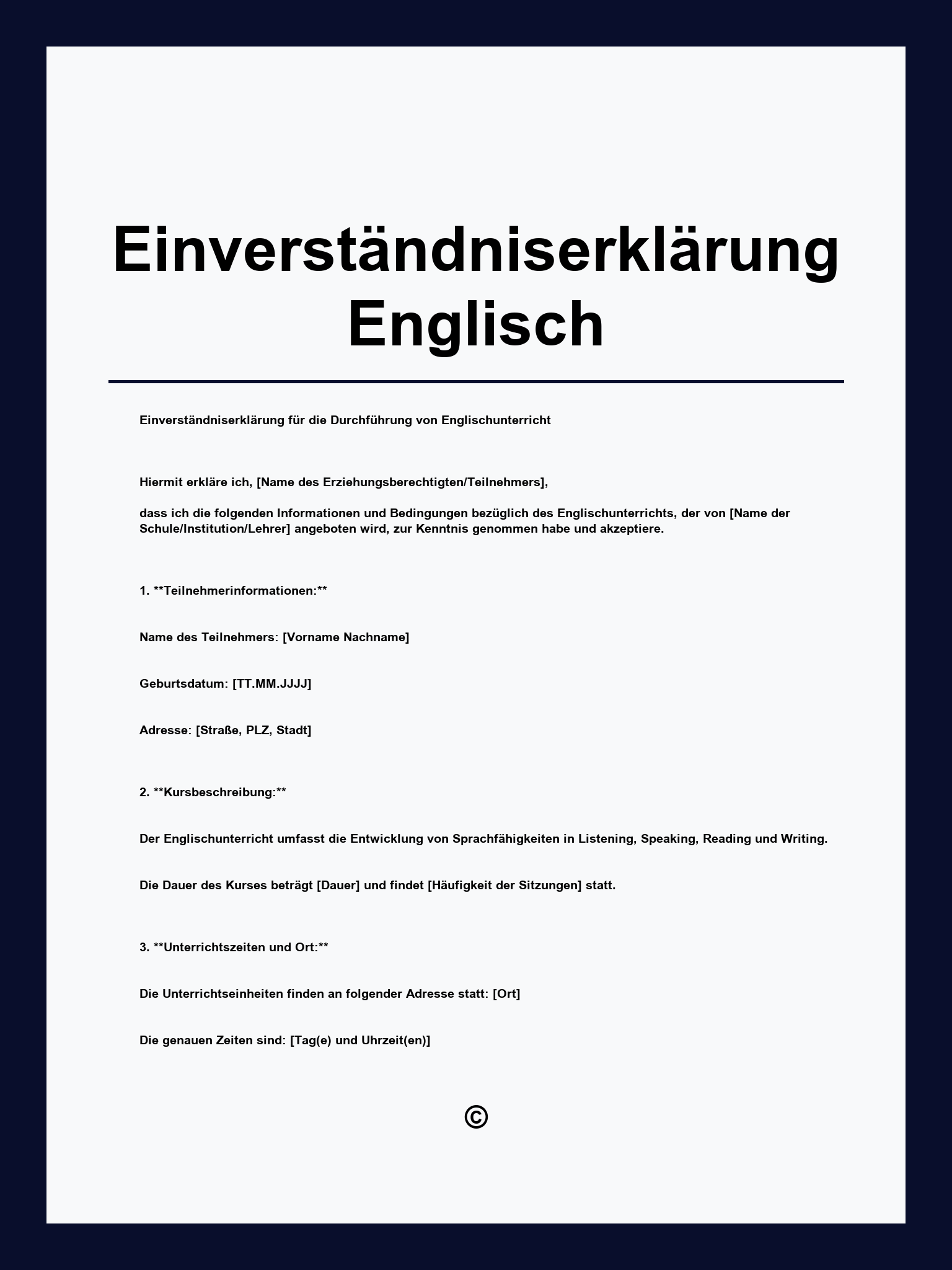 Einverständniserklärung Englisch Vorlage