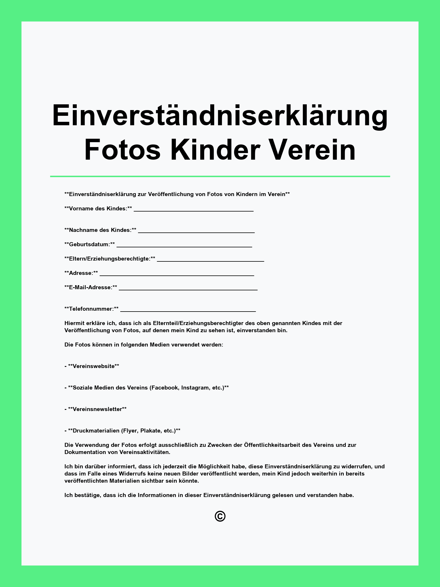 Einverständniserklärung Fotos Kinder Verein