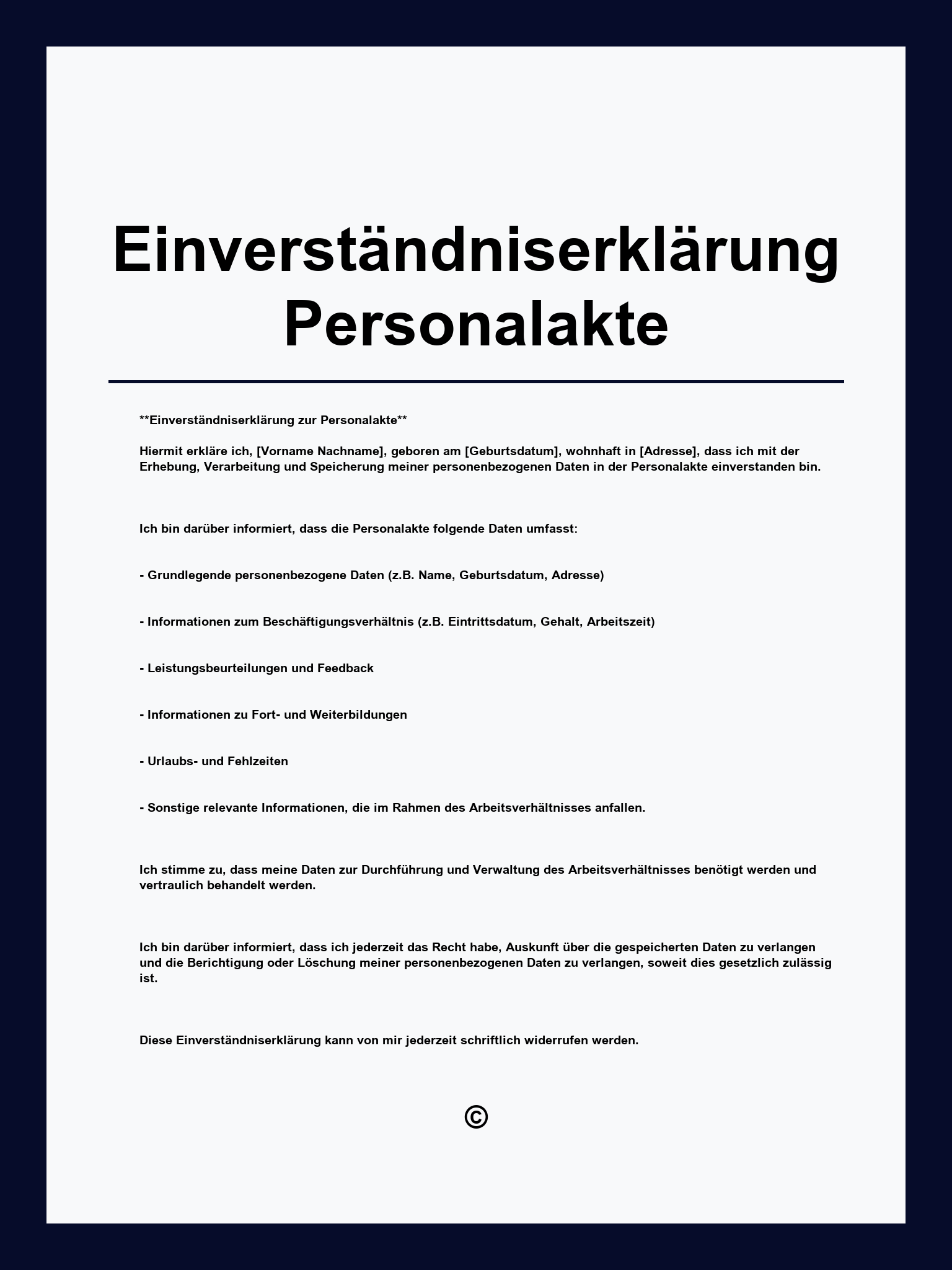 Einverständniserklärung Personalakte Muster