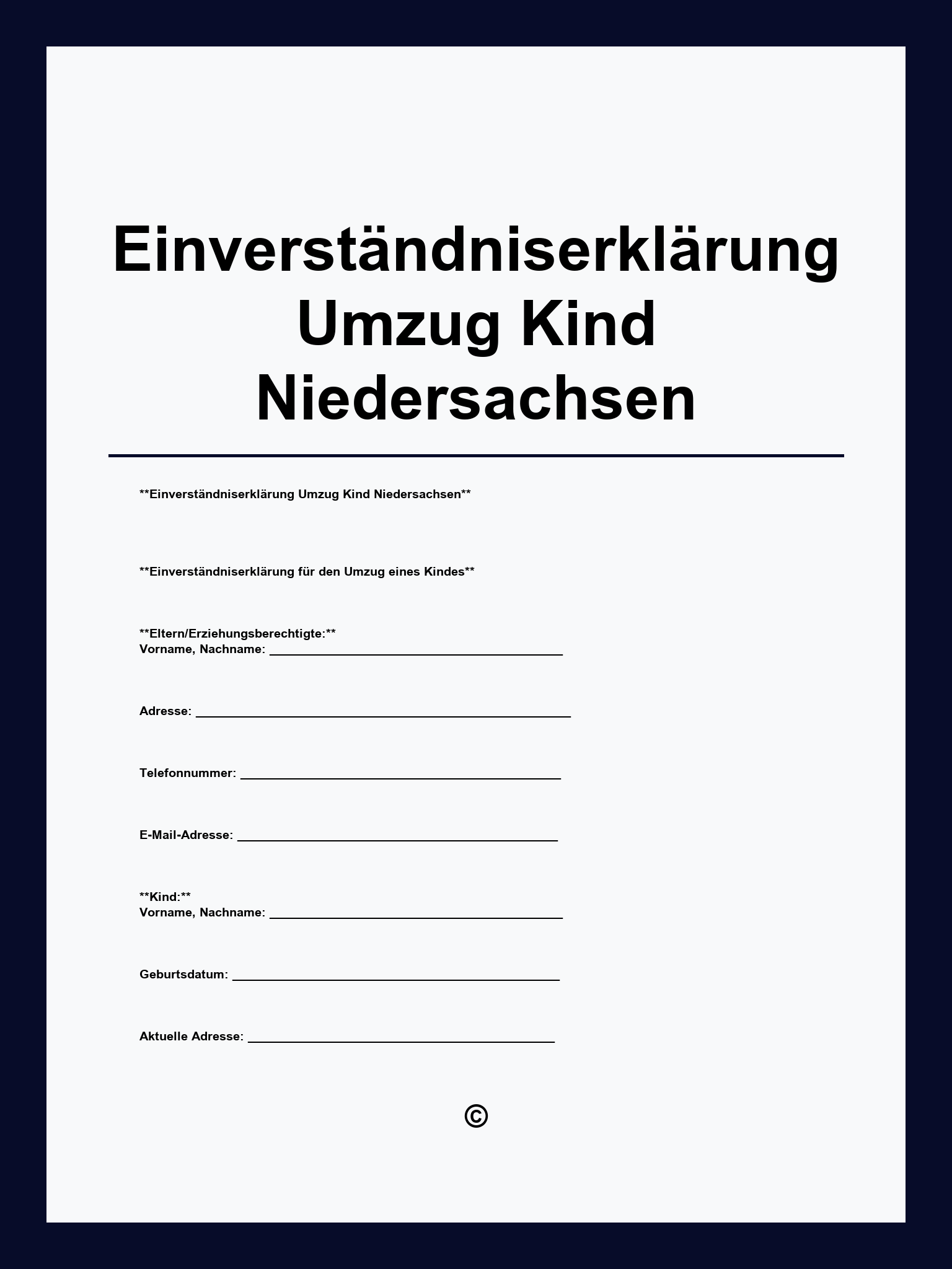 Einverständniserklärung Umzug Kind Vordruck Niedersachsen