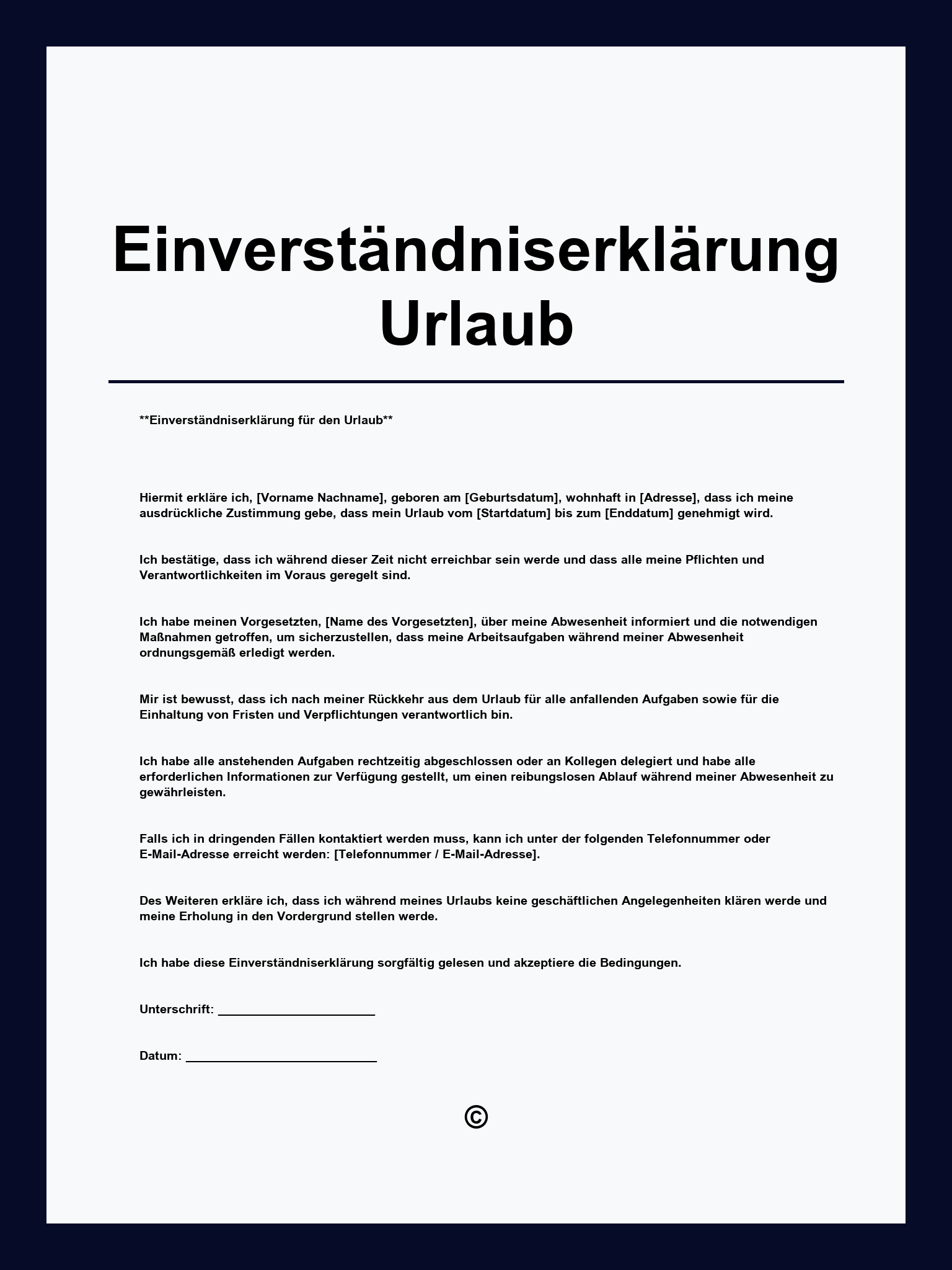 Einverständniserklärung Urlaub Vordruck