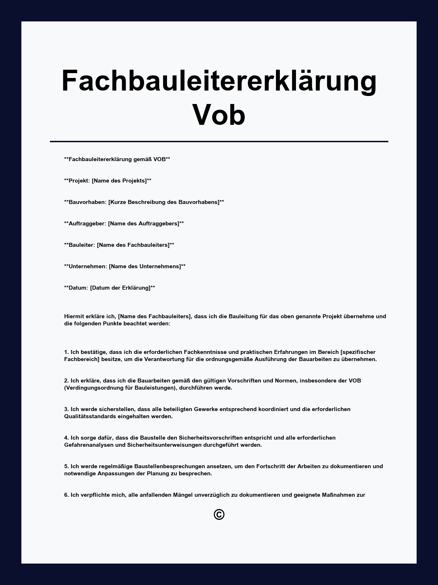 Vorlage Fachbauleitererklärung Vob Vordruck