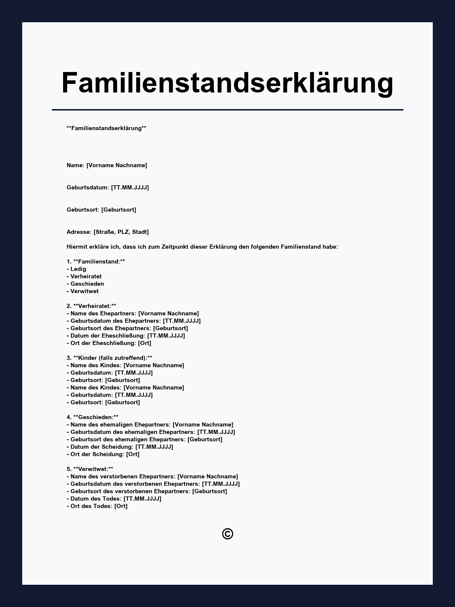 Familienstandserklärung Muster