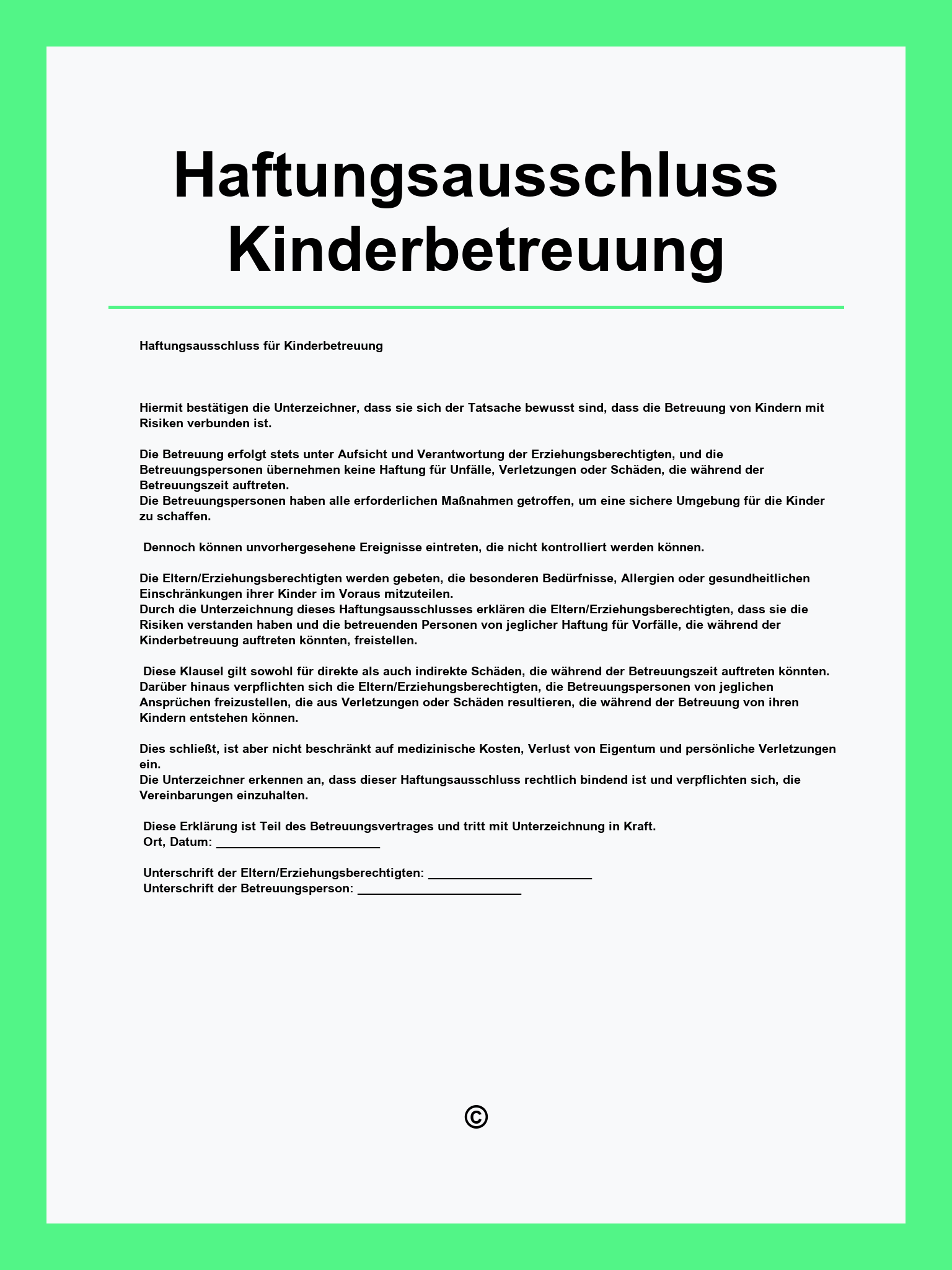 Haftungsausschluss Kinderbetreuung Vorlage
