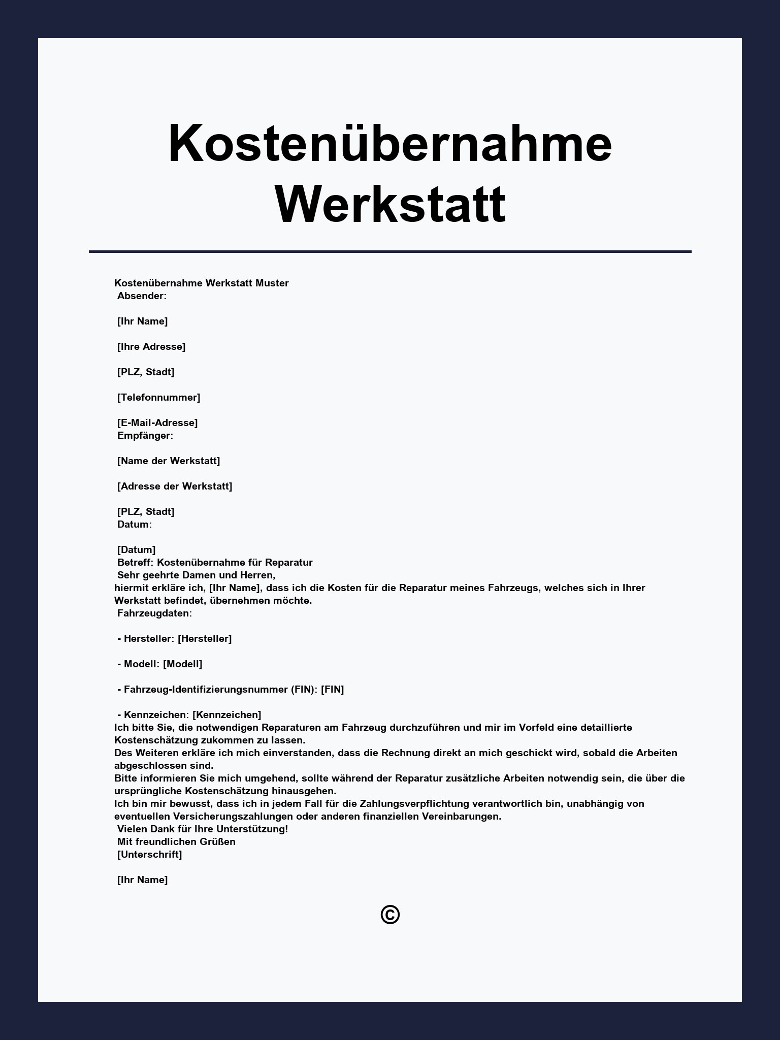 Kostenübernahme Werkstatt Muster