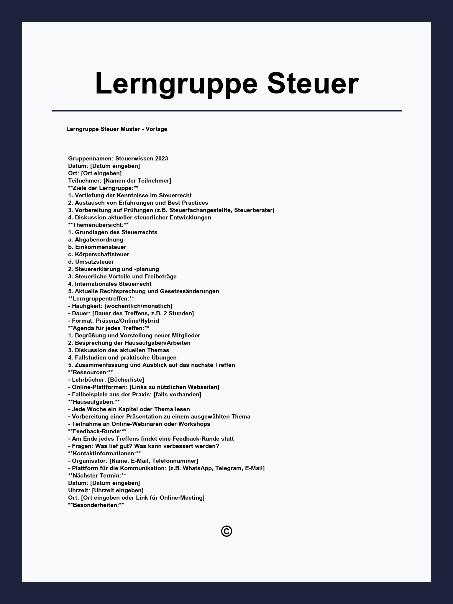 Lerngruppe Steuer Vorlage