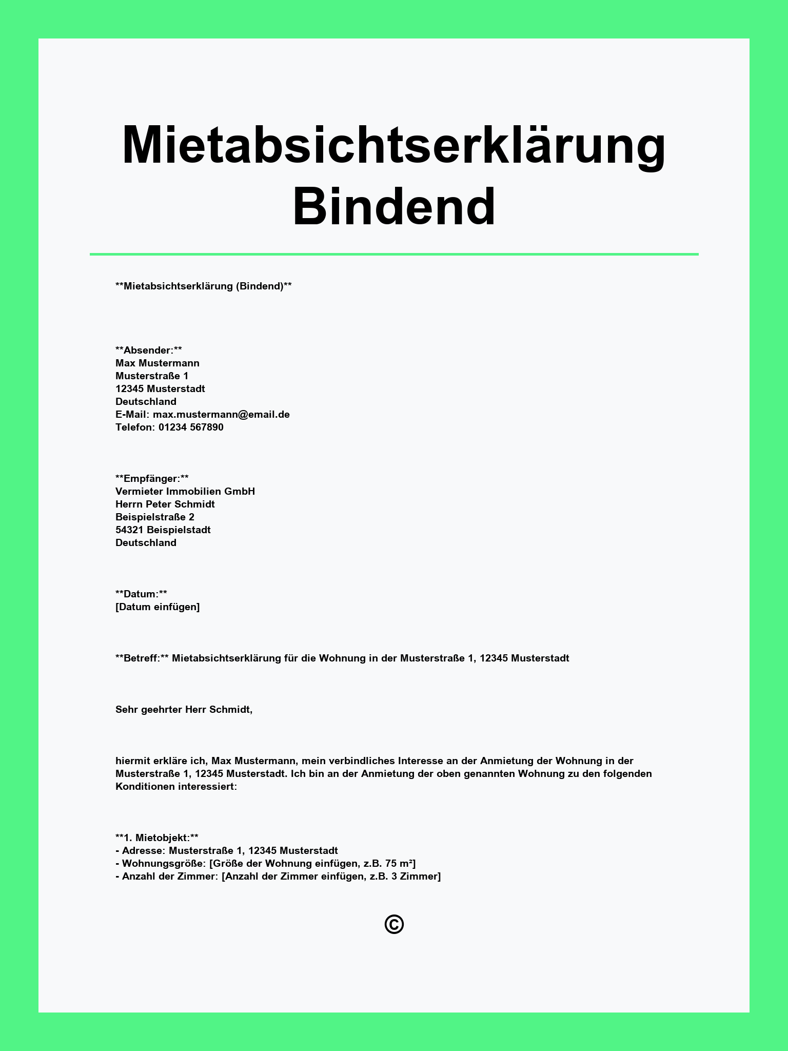 Mietabsichtserklärung Bindend
