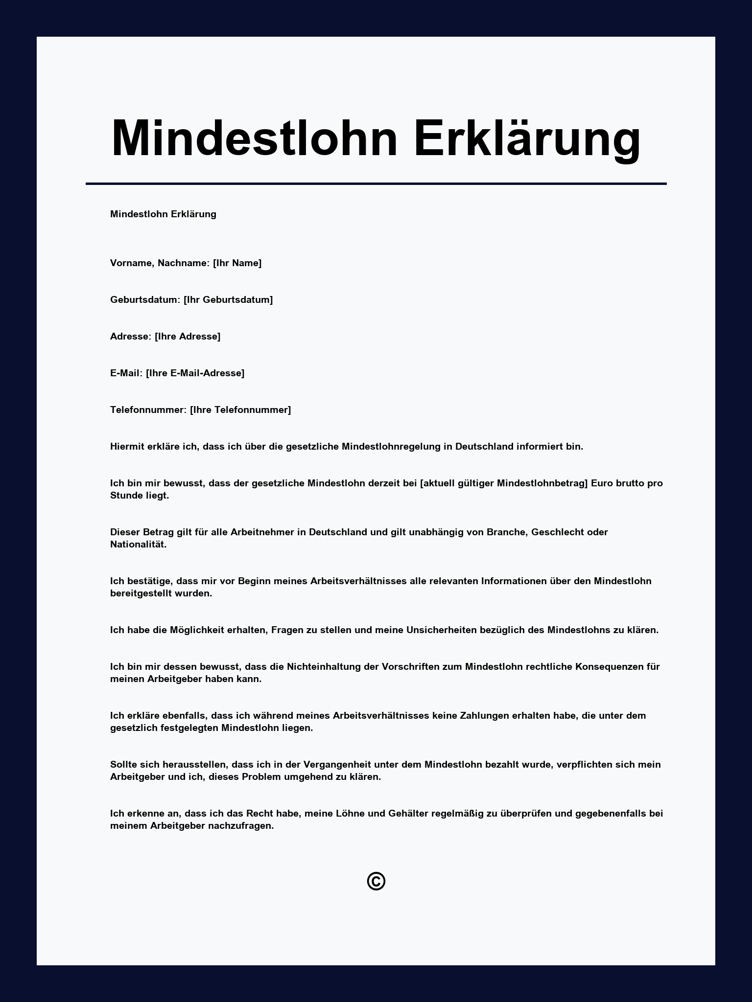 Mindestlohn Erklärung Vorlage