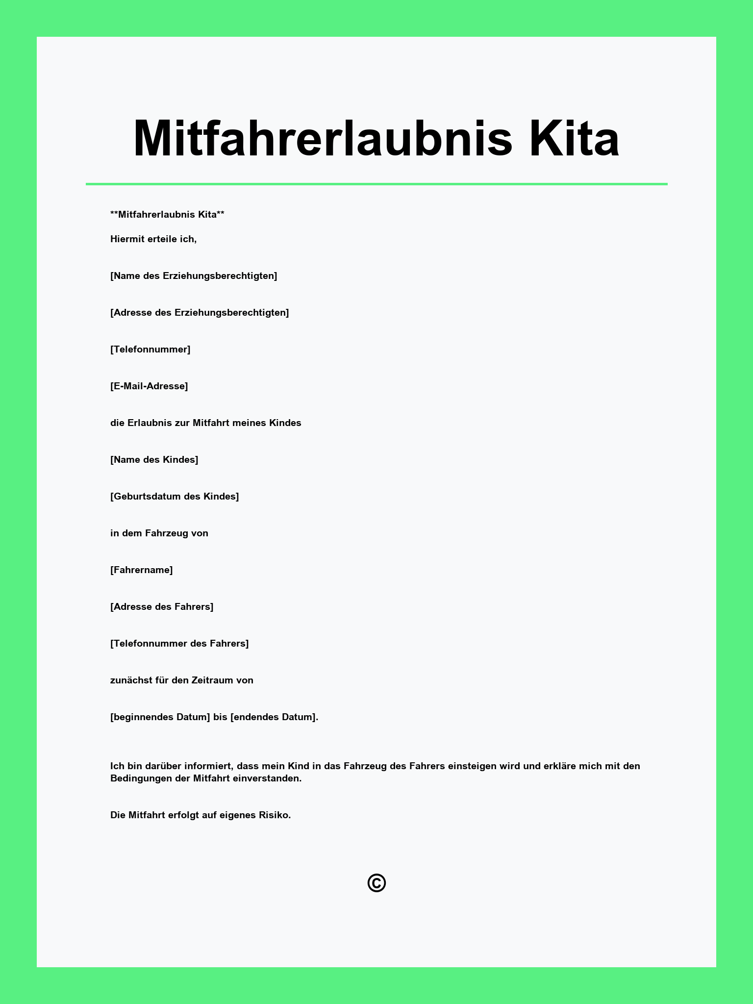 Mitfahrerlaubnis Kita Vordruck