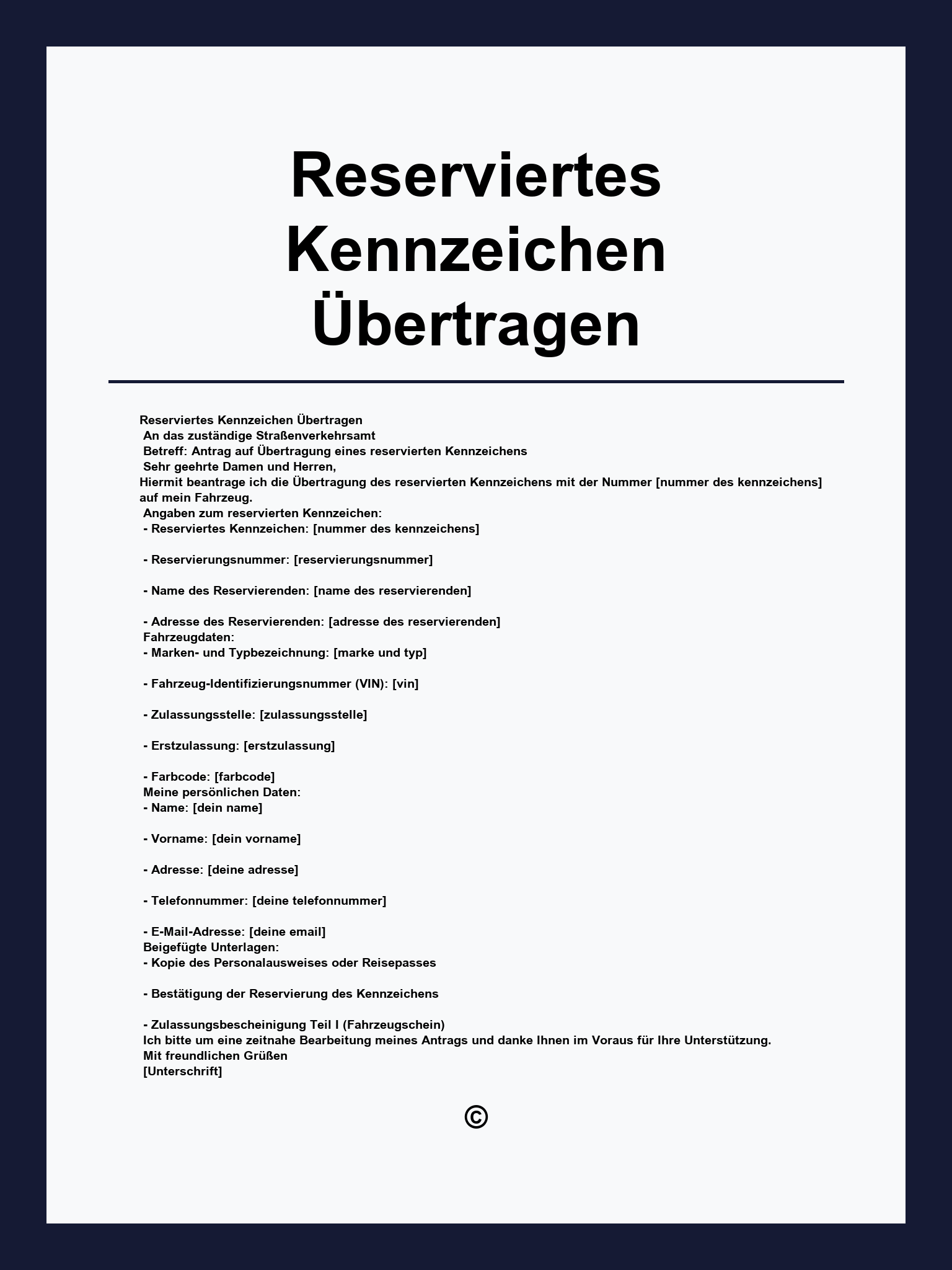 Reserviertes Kennzeichen Übertragen Vorlage