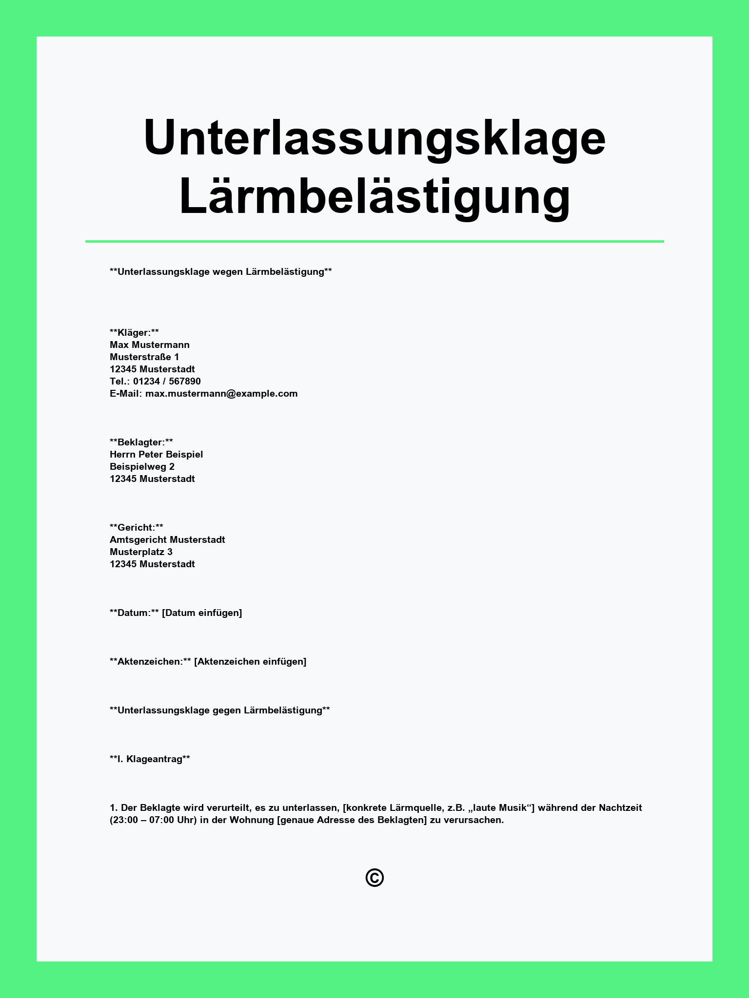 Unterlassungsklage Lärmbelästigung Muster