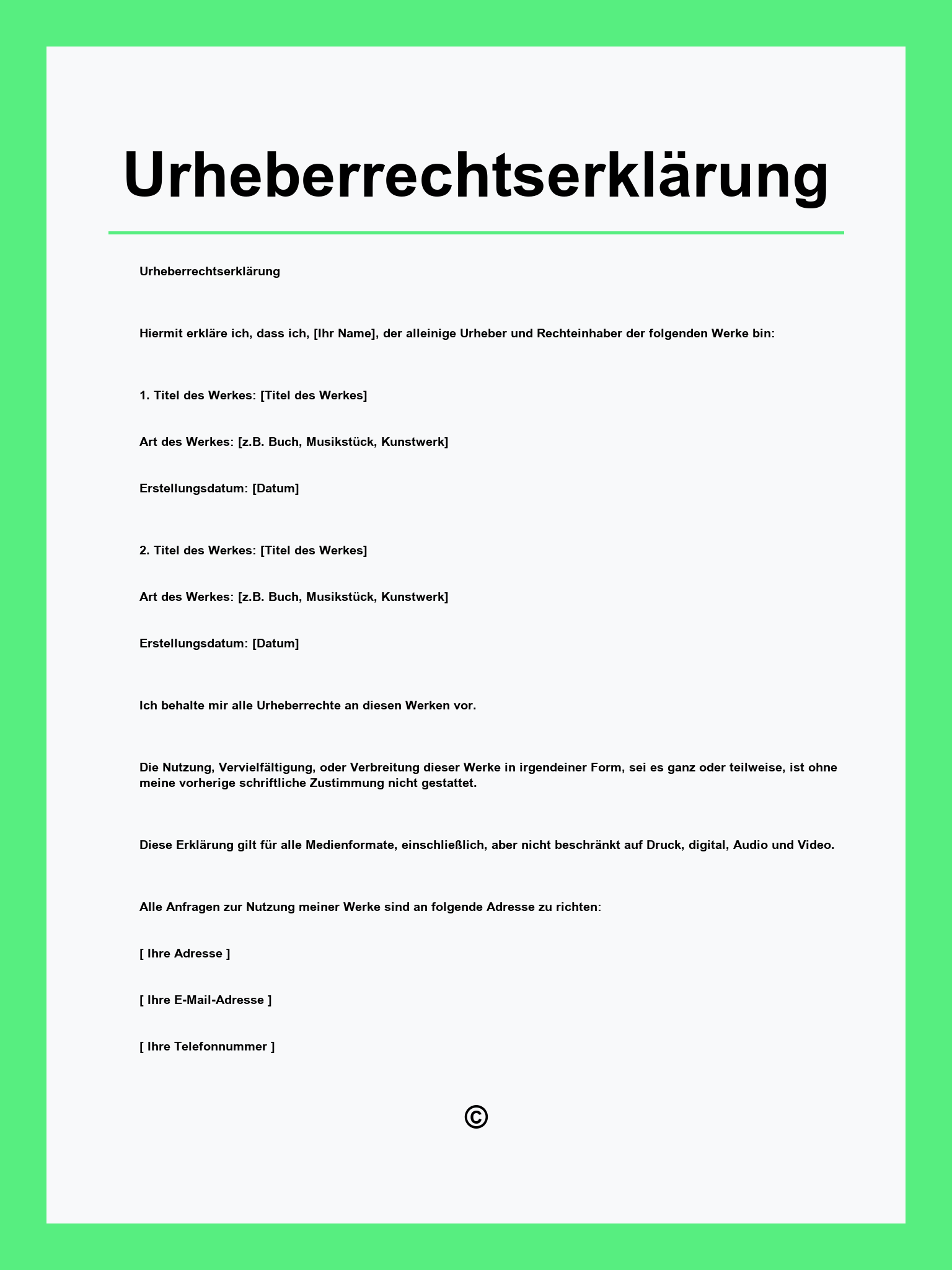 Urheberrechtserklärung Vorlage