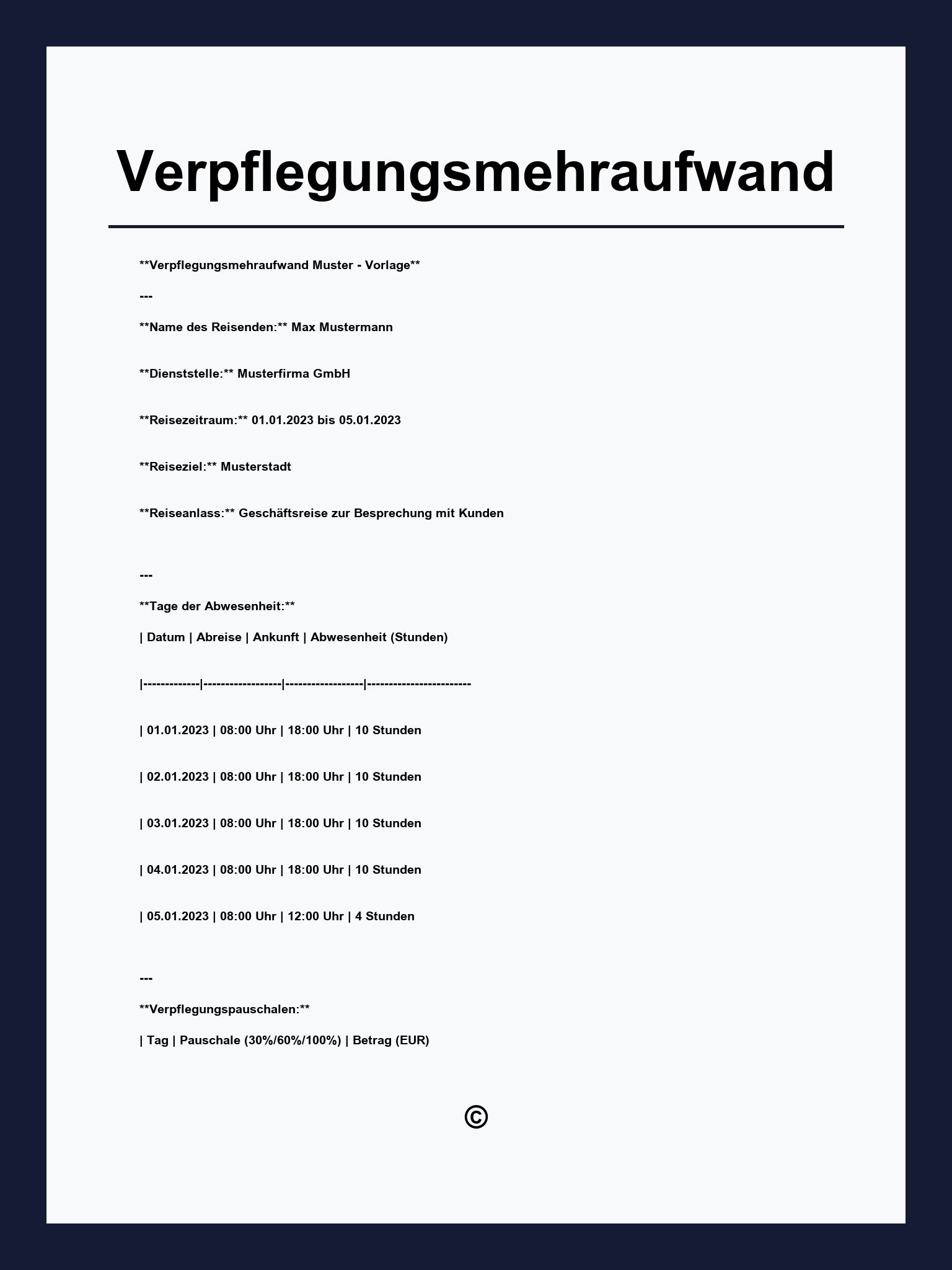 Verpflegungsmehraufwand Vordruck
