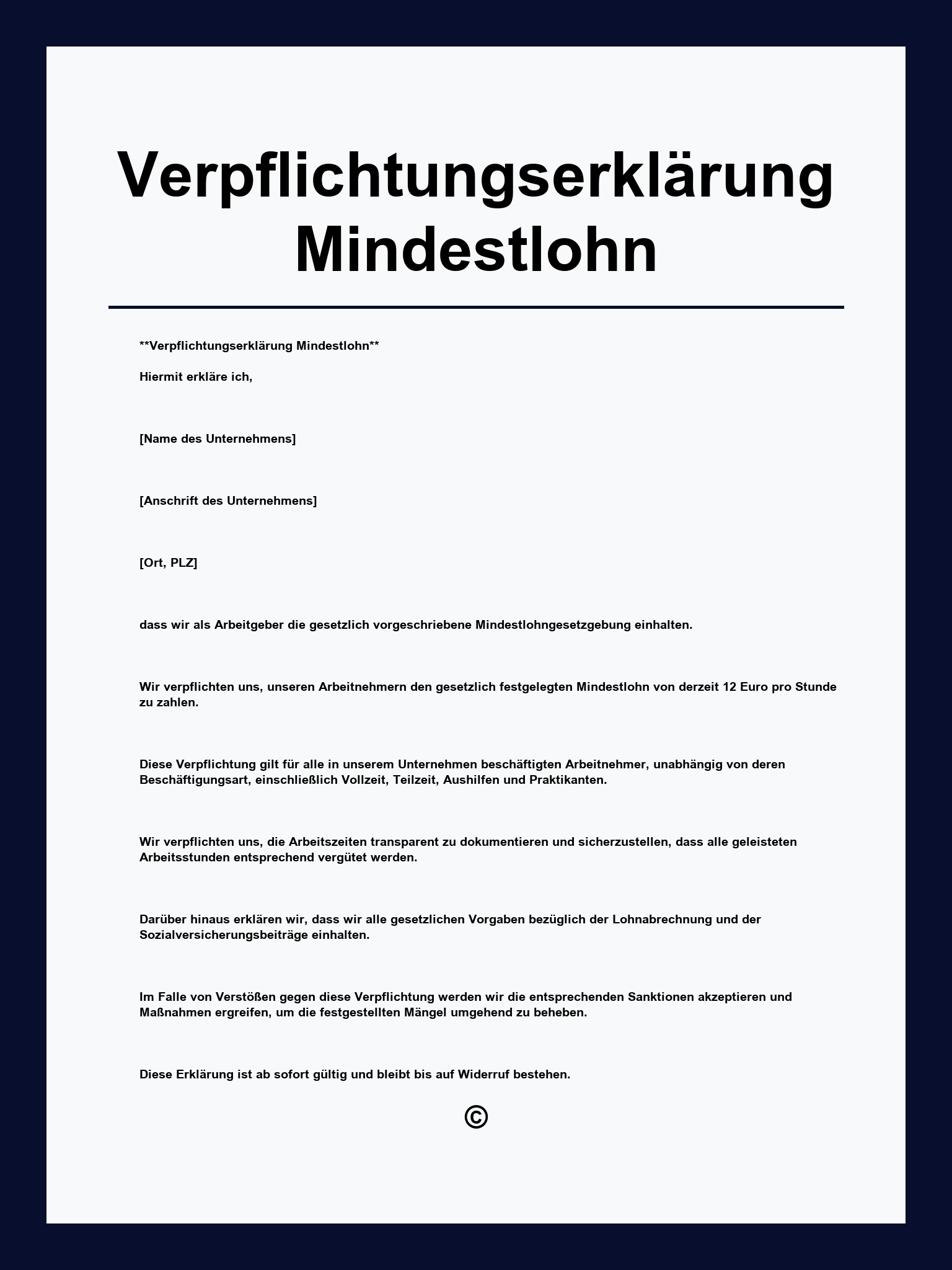Verpflichtungserklärung Mindestlohn Vorlage