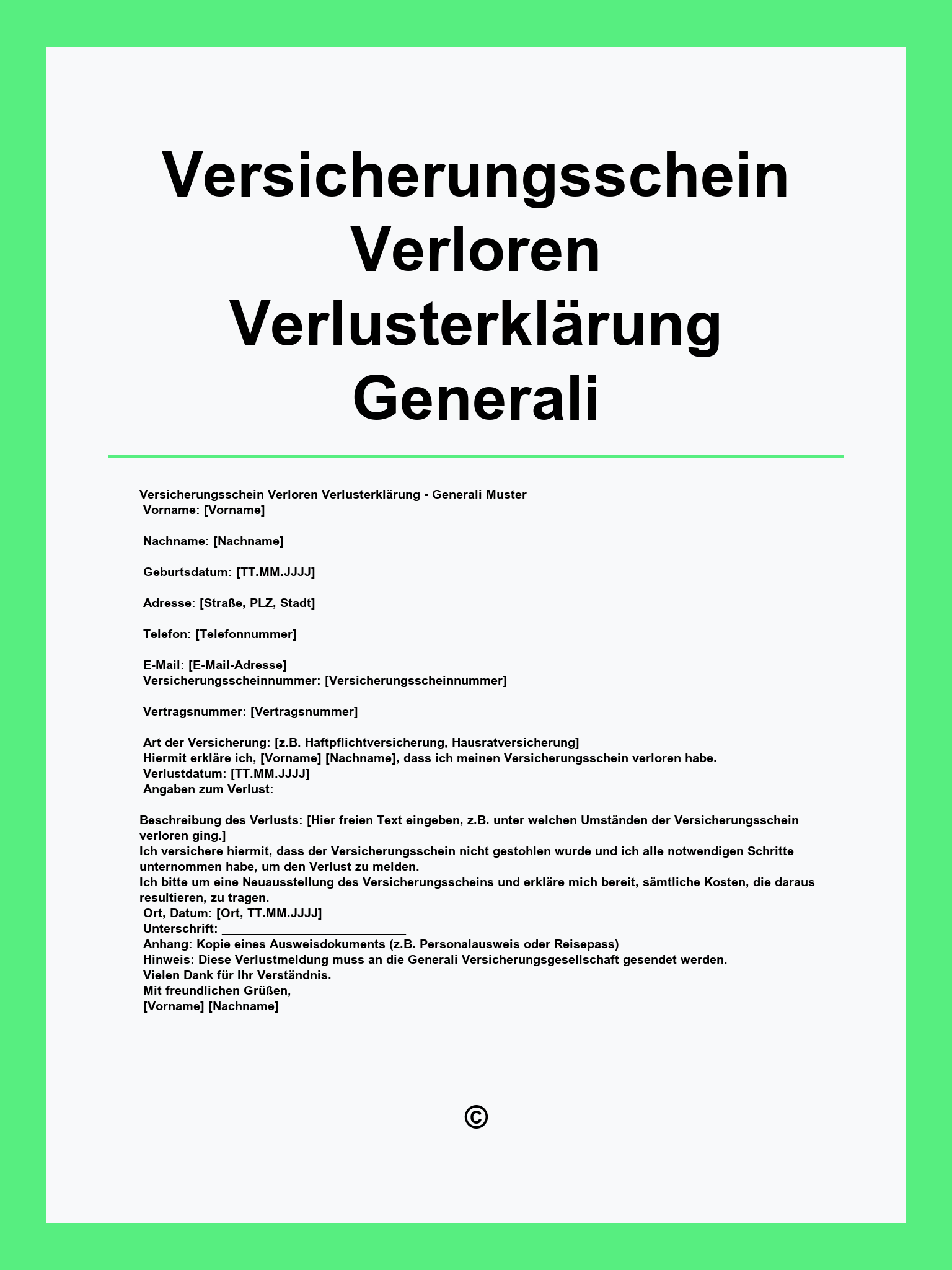 Versicherungsschein Verloren Verlusterklärung Generali