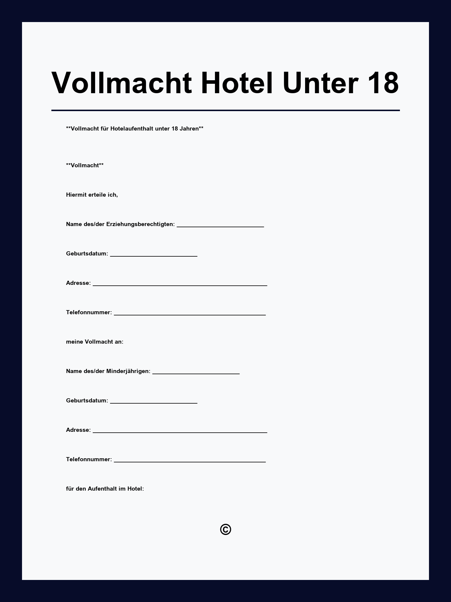 Vollmacht Hotel Unter 18