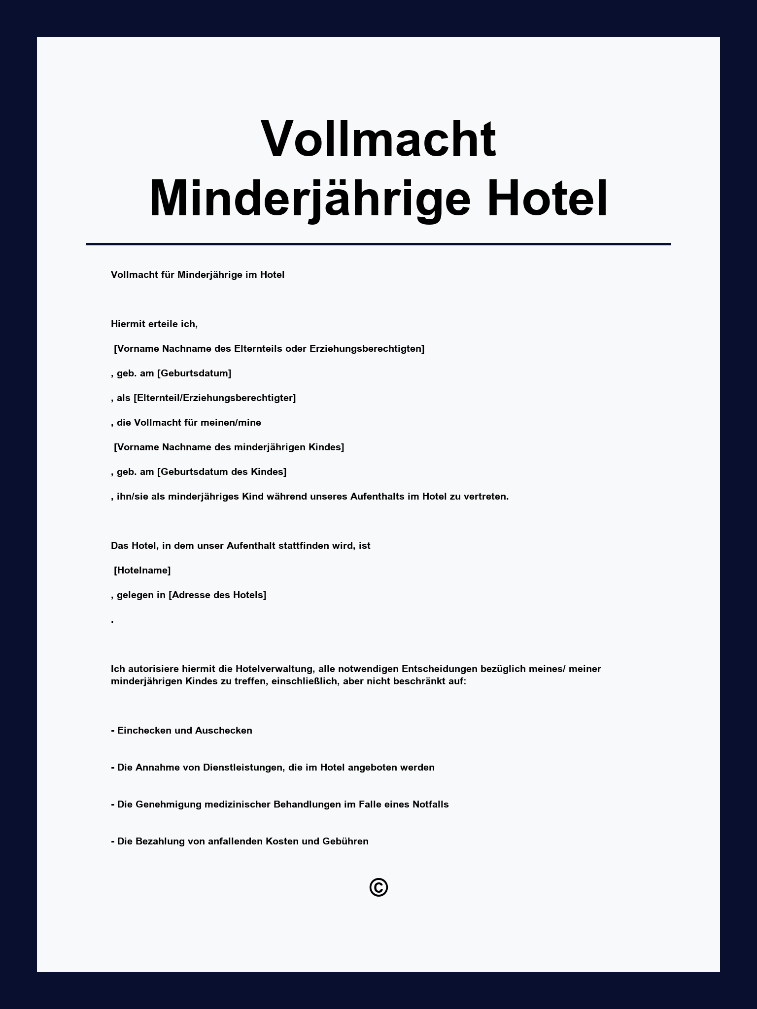 Vollmacht Minderjährige Hotel